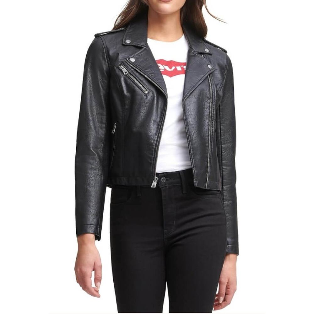 Levi’s Faux Leather Moto Jacket M Black Edgy Biker Chic y2k Grunge Indie Sleaze
